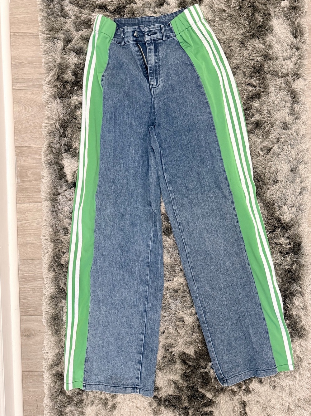 Amazon Blue Denim Wide Leg Jeans with Green & White Side Panels